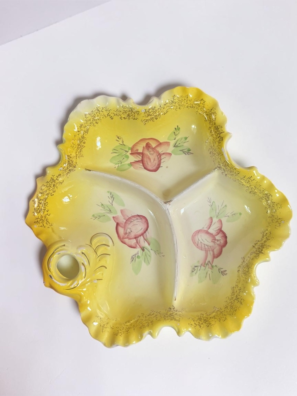 Vintage Japan Yellow Floral Divided Ashtray Trinket Dish Ceramic